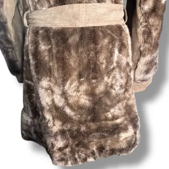 Vintage 70s Tocci England Faux Fur Suede Leather Belted Coat Burgundy Lined - Picture 10 of 16